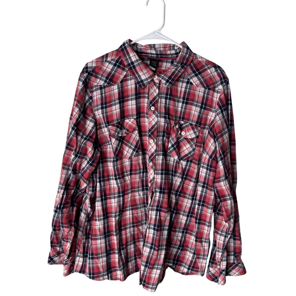 Torrid Womens‎ Plus Size 3 Red Navy Blue White Plaid Button Down Western Shirt
